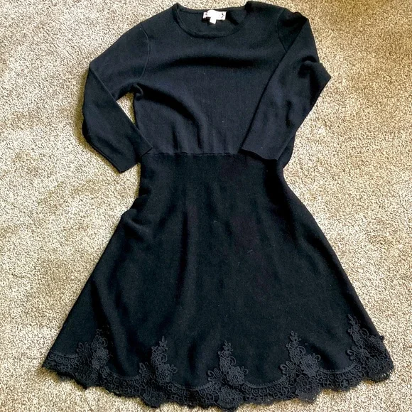 Nanette LaPore sweater dress black sz S fit n flair lace detailed hem 3/4 sleeve - Picture 1 of 4